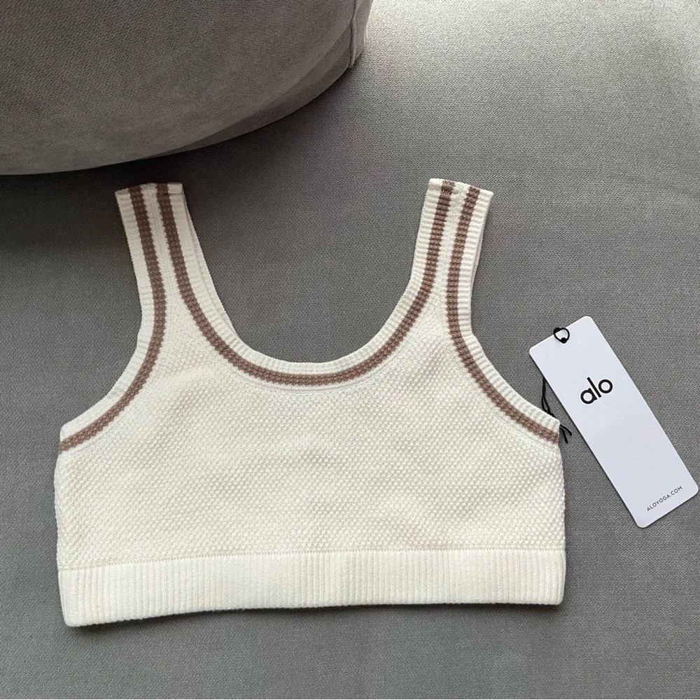 Alo Yoga Tennis Club Sweater Knit Bra Ivory/Gravel S
